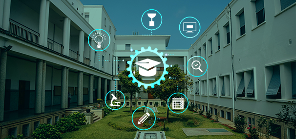 Educational icons over a college campus, symbolizing comprehensive Abroad Study Consultancy Kerala